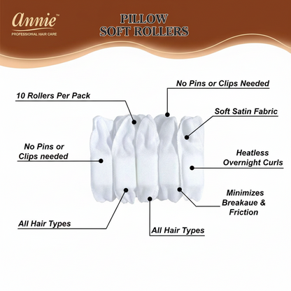 White silky satin pillow soft hair rollers arranged to highlight features such as no pins or clips needed, heatless overnight curls, and suitability for all hair types while minimizing breakage and friction.