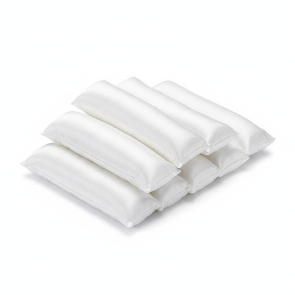 Set of ten white silky satin pillow soft hair rollers designed for gentle, heatless styling that protects textured and natural hair while creating smooth, defined waves and curls.