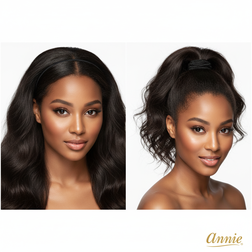 Side-by-side images of a woman with smooth, natural textured hair styled down and then pulled back into a high ponytail secured with a black hair band ponytailer, demonstrating a versatile look for textured hair.