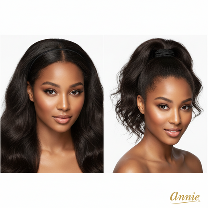 Side-by-side images of a woman with smooth, natural textured hair styled down and then pulled back into a high ponytail secured with a black hair band ponytailer, demonstrating a versatile look for textured hair.