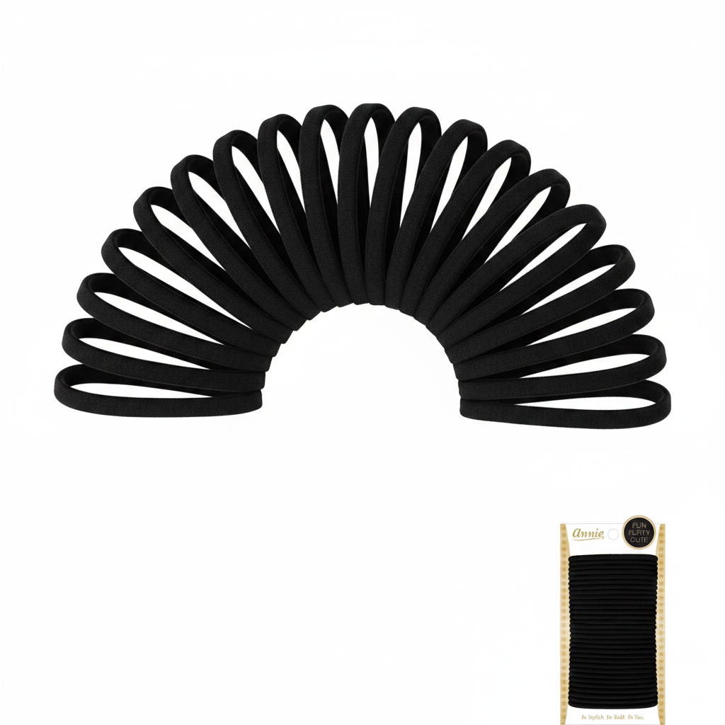 Set of black ponytail holders designed for textured and multicultural hair, providing a firm, snag-free hold ideal for various styling needs.