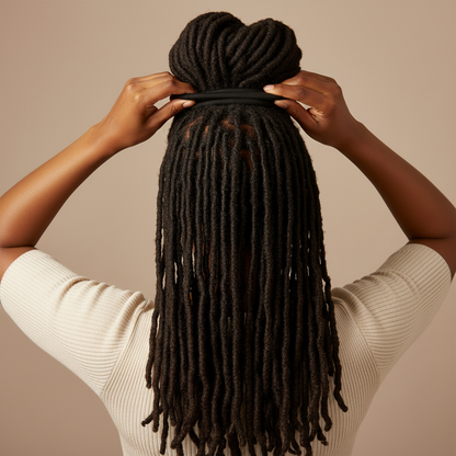 Person with long textured locs styling hair into a half-up bun using a black ponytailer designed for natural and textured hair.