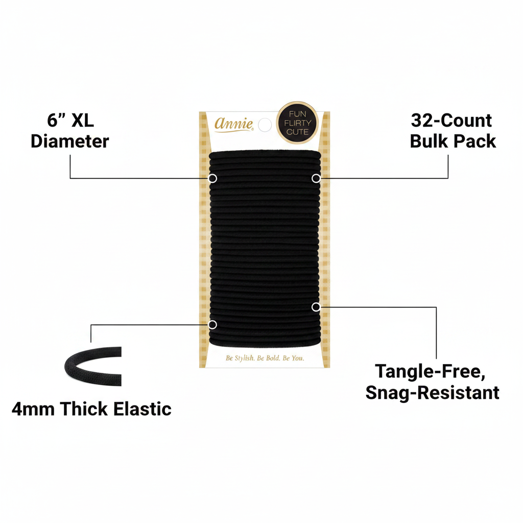 Black hair ponytailers displayed on packaging highlighting 6-inch diameter, 4mm thick elastic, 32-count bulk pack, and tangle-free, snag-resistant design for textured hair.