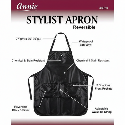 Annie Reversible Stylist Apron Waist-Tie String, 1 Count, Black & Silver