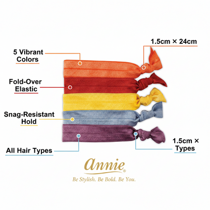 Annie Ribbon Ponytailers 5 Count, Assorted Colors shown in five bright shades featuring fold-over elastic bands with knot ends designed for snag-free hold on all hair types.