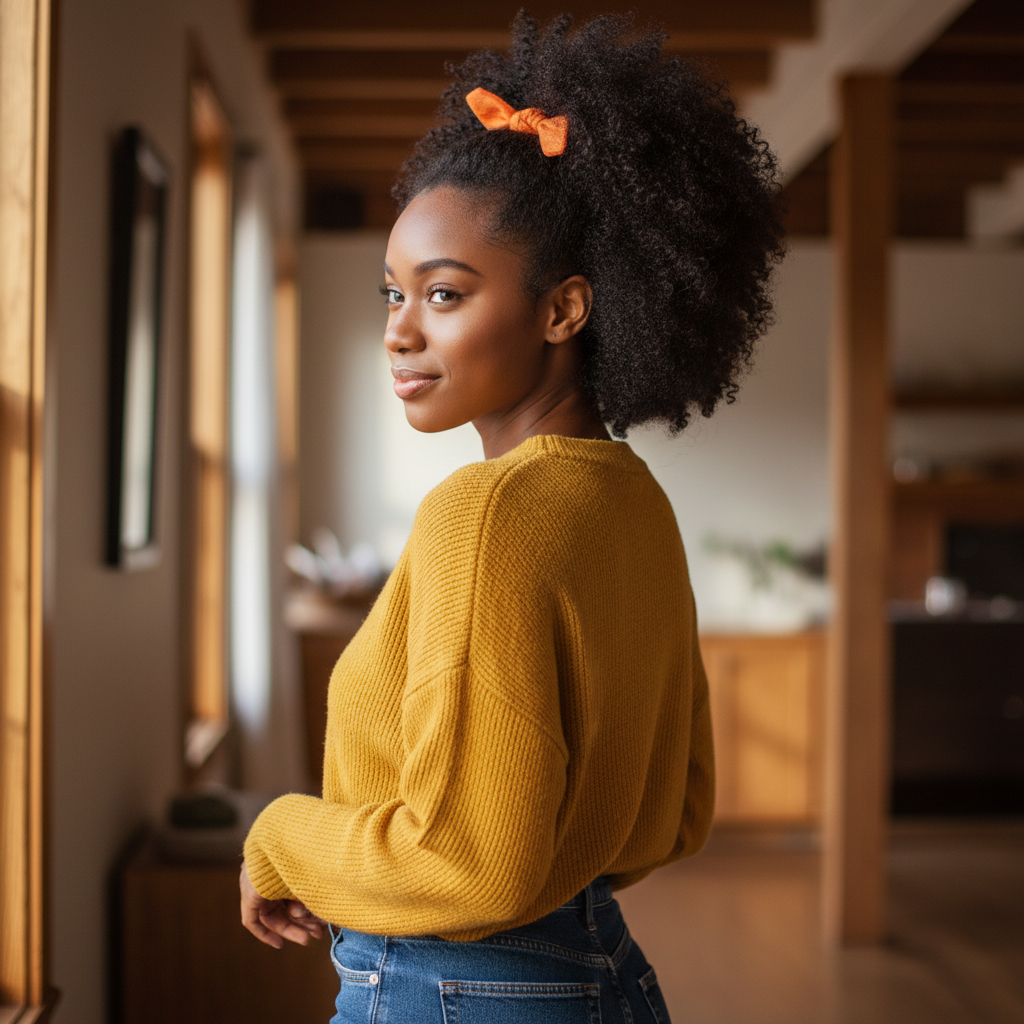 Young woman with natural afro hairstyle wearing an orange bow accessory, styled with Annie Ribbon Ponytailers 5 Count, Assorted Colors, in a bright, cozy indoor setting.