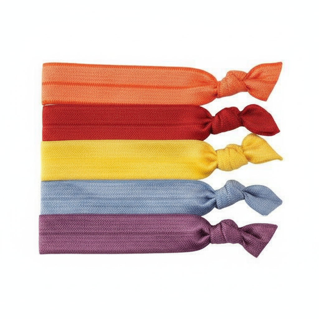 Annie Ribbon Ponytailers 5 Count, Assorted Colors displaying five soft, knotted hair ties in vibrant orange, red, yellow, blue, and purple, designed for gentle hold and no hair damage.