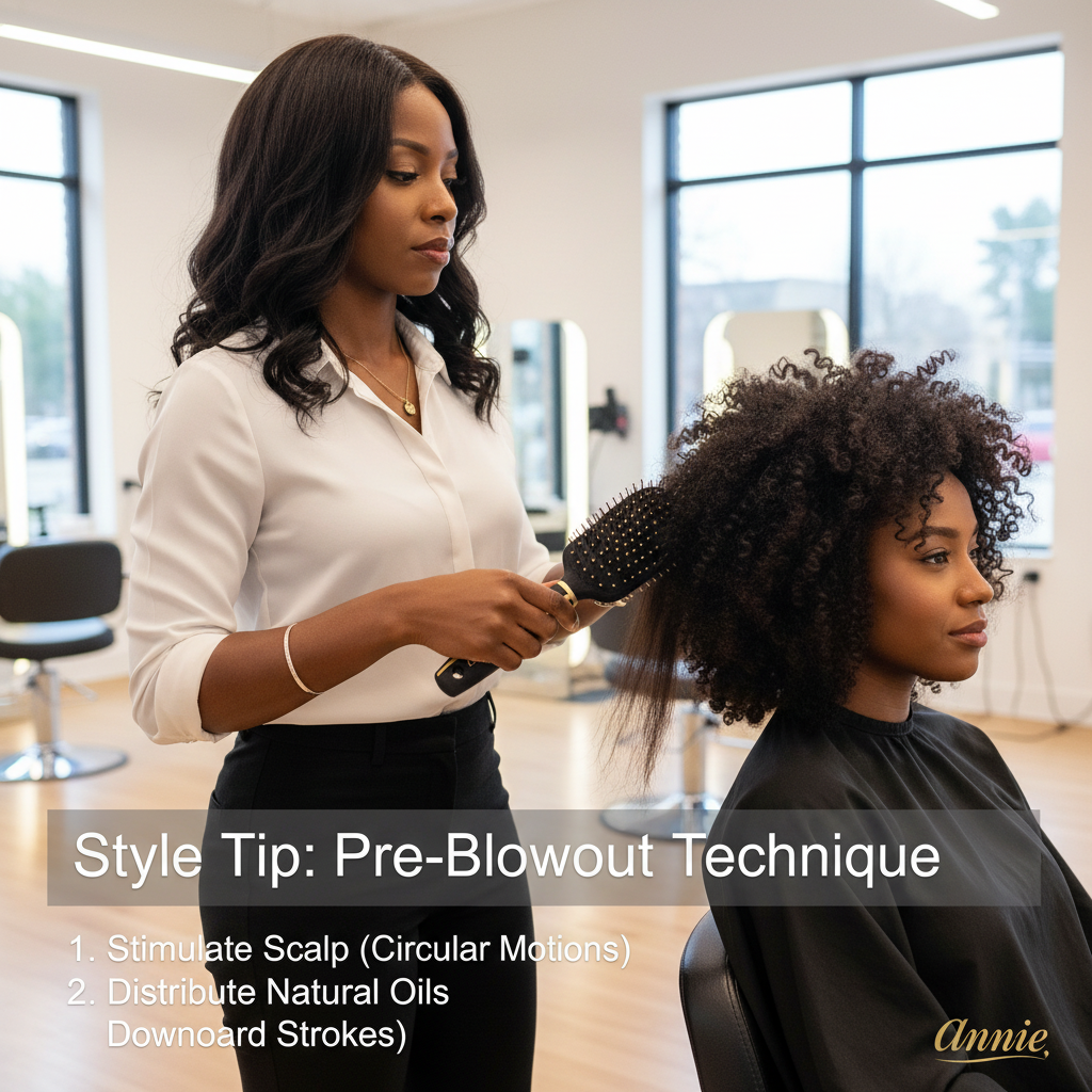 Woman getting a pre-blowout technique with a hairbrush from another woman in a salon setting.