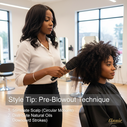 Woman getting a pre-blowout technique with a hairbrush from another woman in a salon setting.