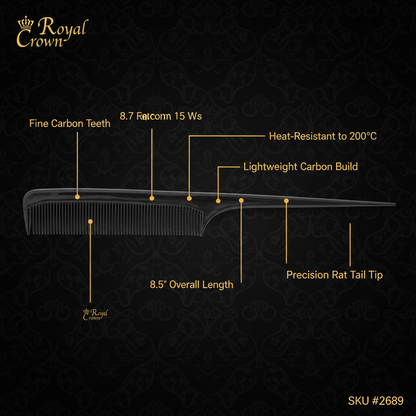 Annie Royal Crown Carbon Pro Rat Tail Comb, 8.5", 1 Count, Black