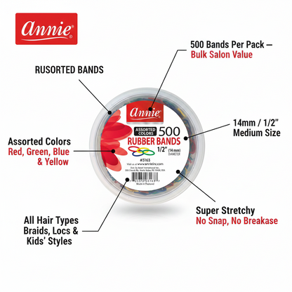 Annie Hair Rubber Bands 14mm, 500 Count, Assorted Colors