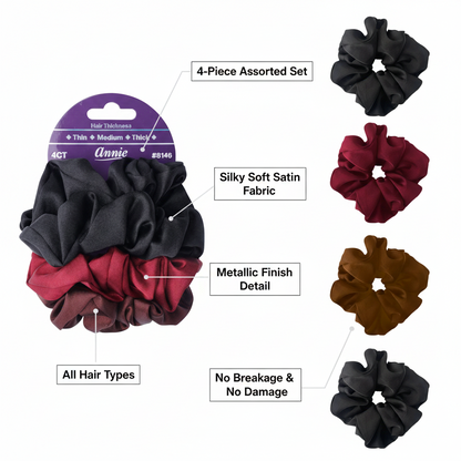 Annie Satin Scrunchies Set, 4 Count, Assorted Colors