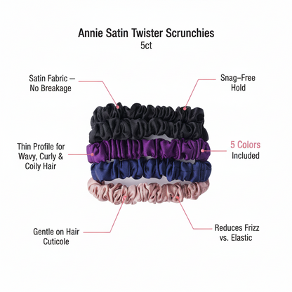 Annie Satin Twister Hair Scrunchie Thin, 5 Count, Assorted Colors