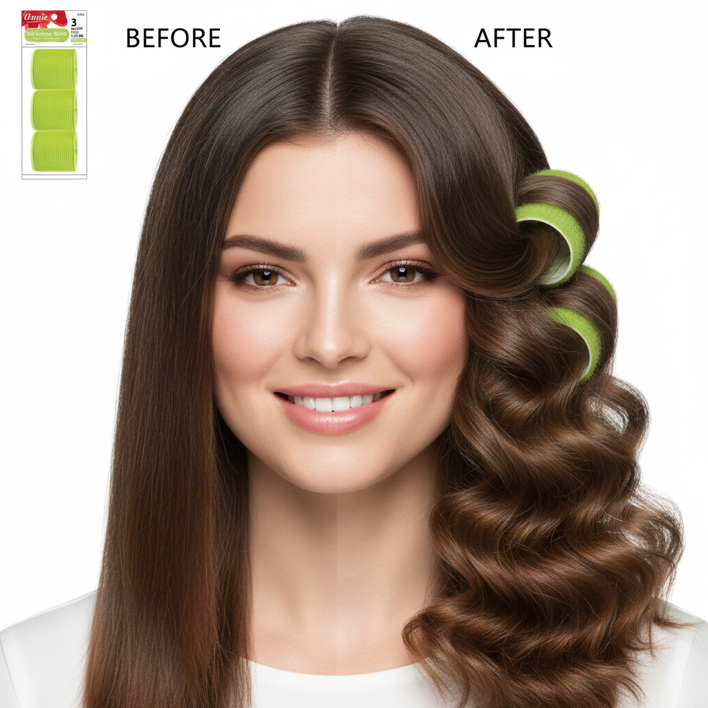 Woman with long brown hair shown in a before and after side-by-side; one side is straight while the other side is styled with green self-gripping rollers creating defined, voluminous curls ideal for textured hair styling.