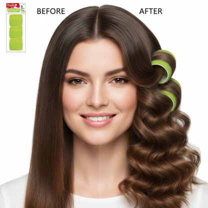 Woman with long brown hair shown in a before and after side-by-side; one side is straight while the other side is styled with green self-gripping rollers creating defined, voluminous curls ideal for textured hair styling.