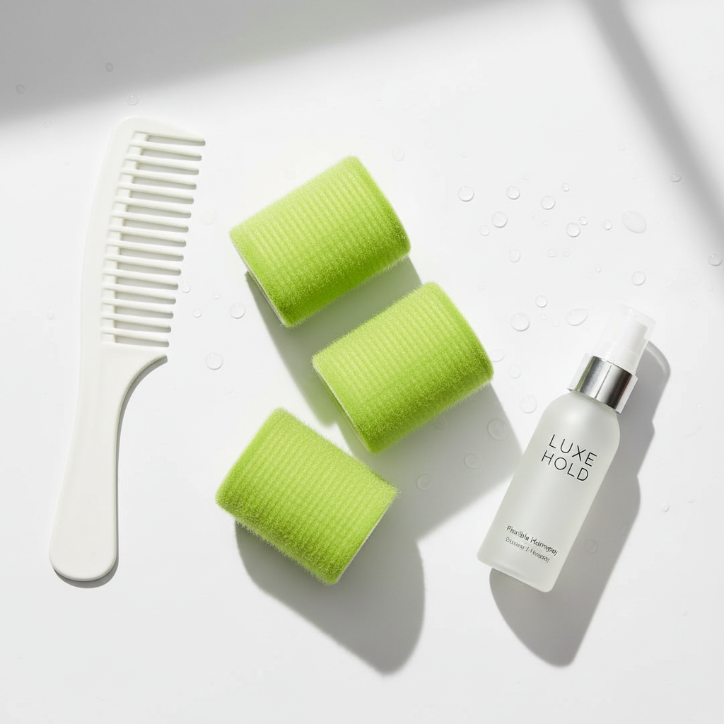 Three lime green self-gripping hair rollers with velour texture arranged beside a white wide-tooth comb and a small clear spray bottle labeled Luxe Hold, set on a white surface.
