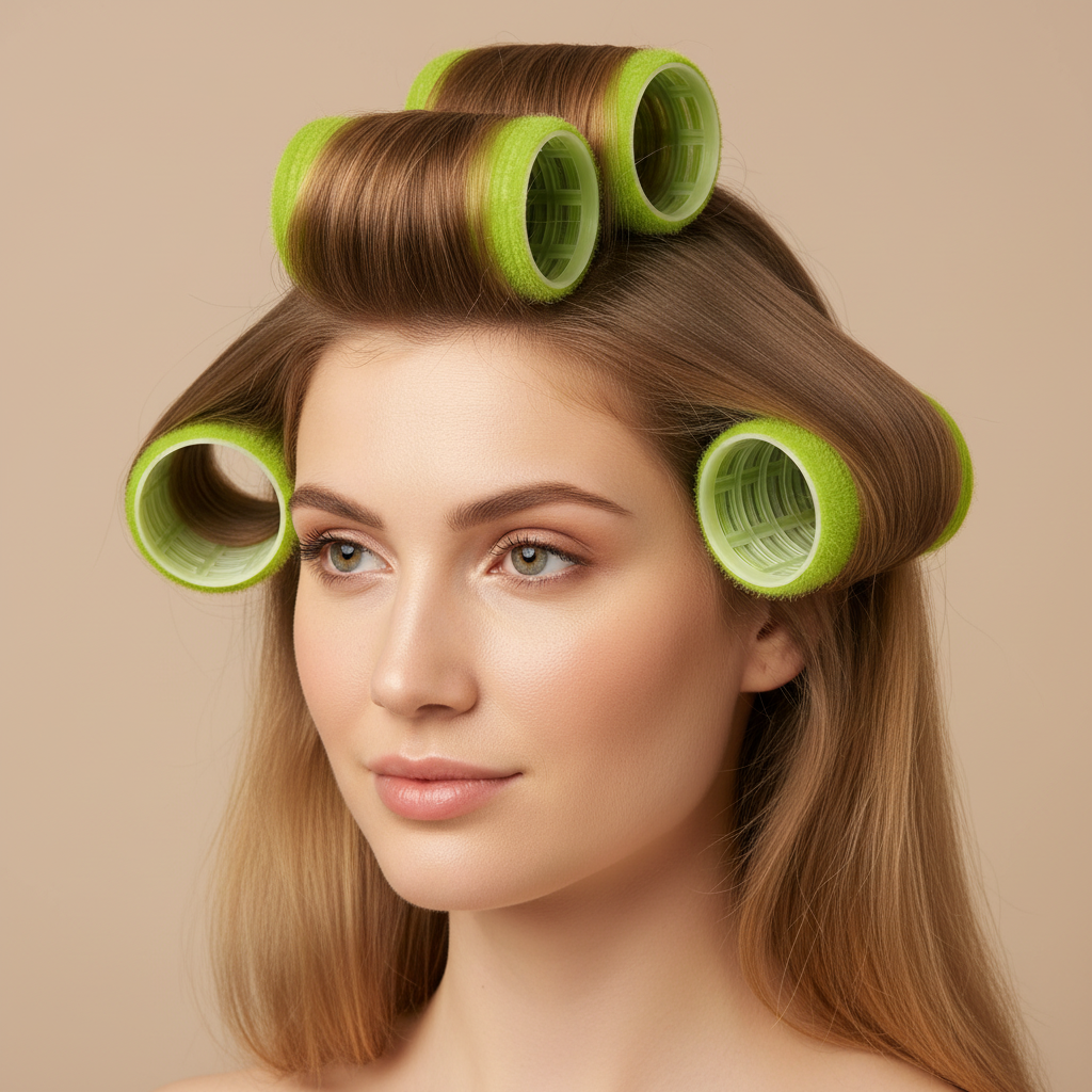 Three green self-gripping hair rollers securing smooth, light brown hair on a woman, demonstrating gentle curl setting for salon-quality styling on natural and textured hair.