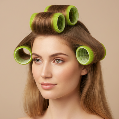 Three green self-gripping hair rollers securing smooth, light brown hair on a woman, demonstrating gentle curl setting for salon-quality styling on natural and textured hair.