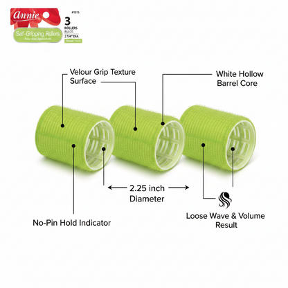 Three green self-gripping hair rollers with velour textured surface and hollow barrel cores, designed for gentle, no-pin hold and creating loose waves with added volume on textured hair.