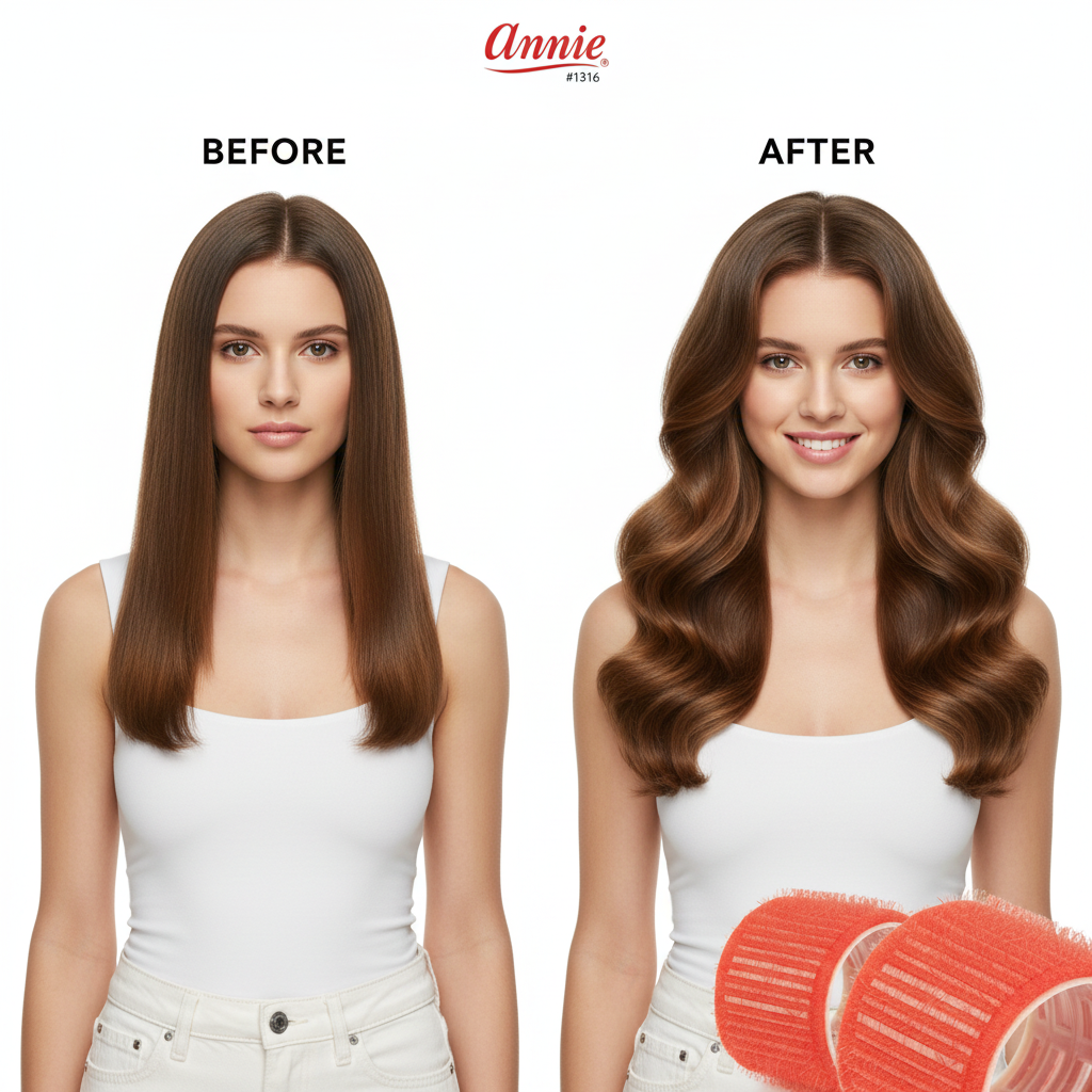 Side-by-side comparison of a woman with straight brown hair transformed into smooth, voluminous waves using large red self-gripping rollers designed for gentle styling.