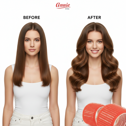 Side-by-side comparison of a woman with straight brown hair transformed into smooth, voluminous waves using large red self-gripping rollers designed for gentle styling.