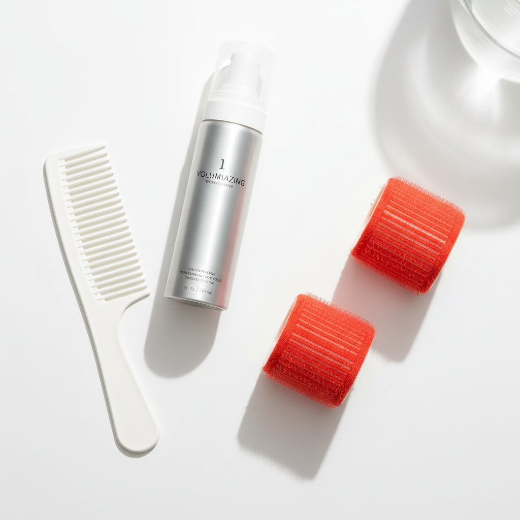 Two red self-grip hair rollers with velour texture, a white wide-tooth comb, and a silver foam styling mousse bottle displayed on a white surface for textured hair care routines.