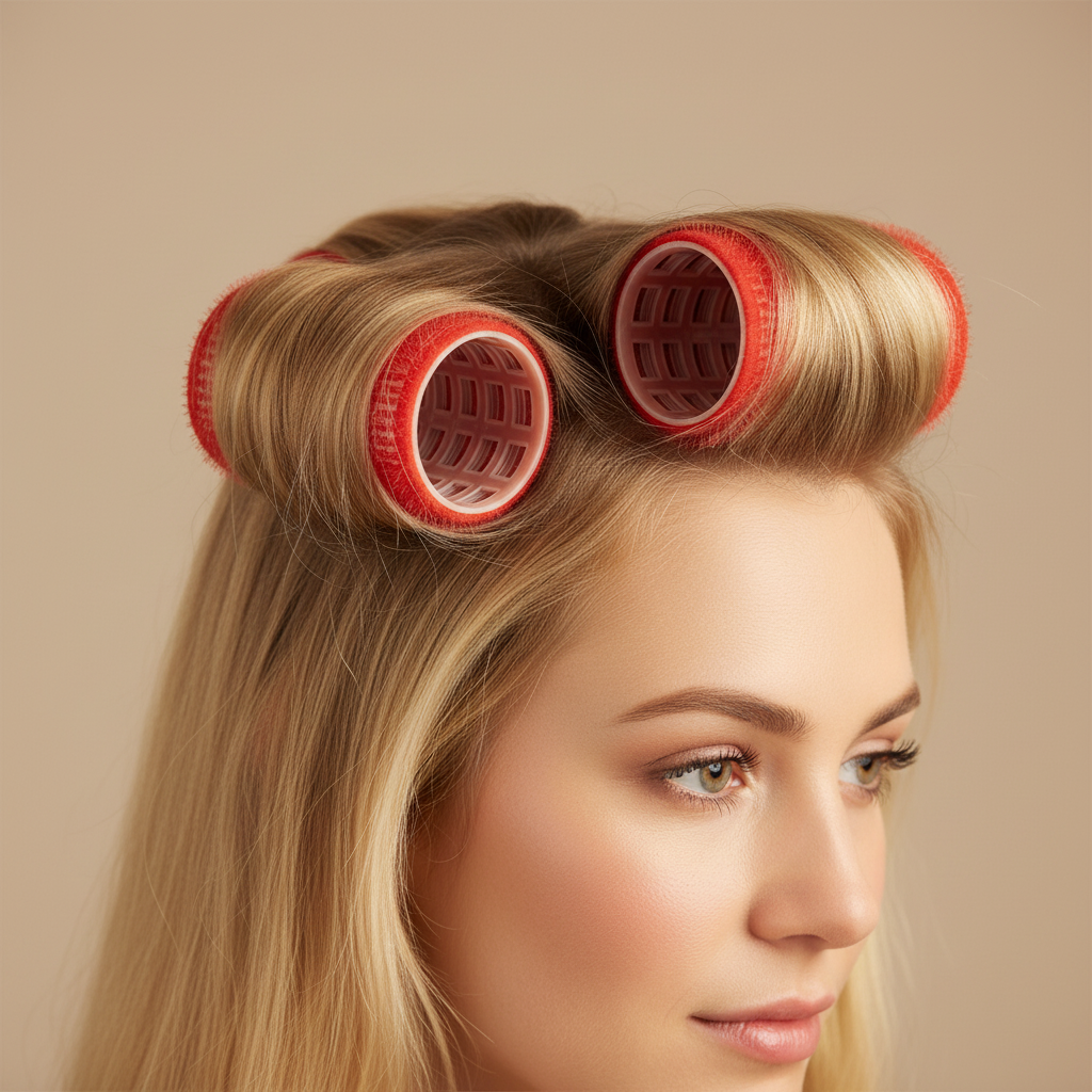 Two red self-gripping hair rollers gently securing sections of long blonde hair, designed for smooth, no-snag styling on textured and natural hair types.