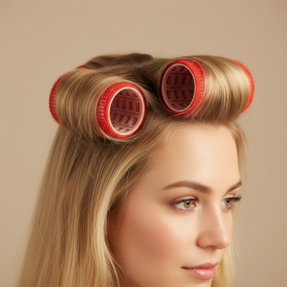 Two red self-gripping hair rollers gently securing sections of long blonde hair, designed for smooth, no-snag styling on textured and natural hair types.