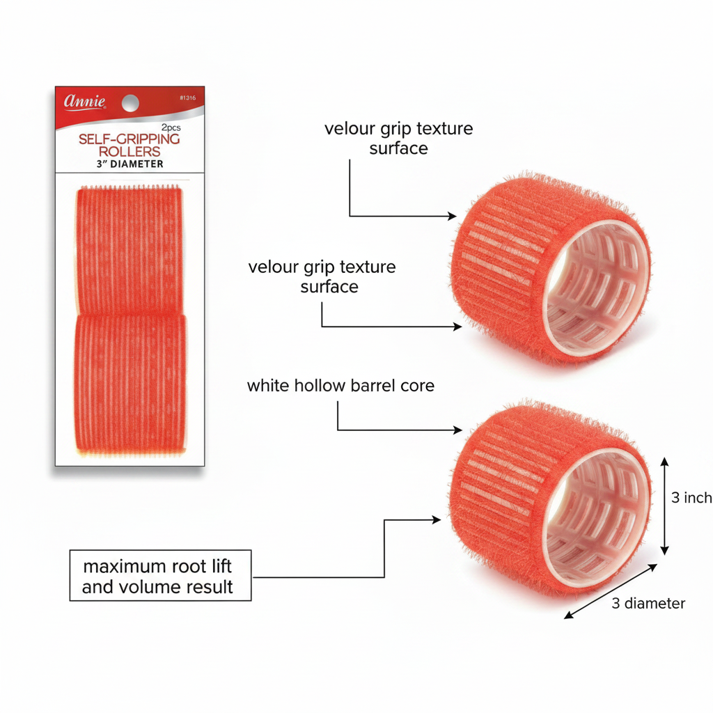 Two red self-gripping hair rollers with velour textured surface and white hollow core, designed for 3-inch diameter styling that provides maximum root lift and volume on textured hair.