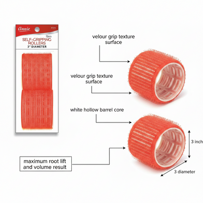 Two red self-gripping hair rollers with velour textured surface and white hollow core, designed for 3-inch diameter styling that provides maximum root lift and volume on textured hair.