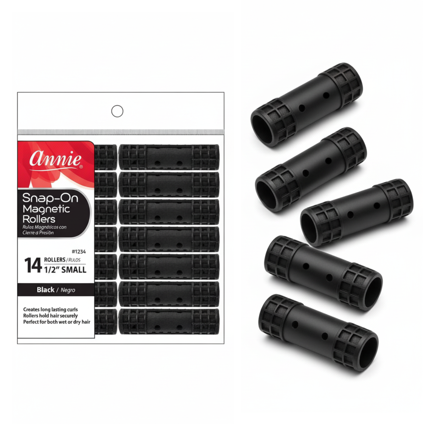 Annie Snap-On Magnetic Rollers Small 1/2in, 14 Count Hair Curlers, Black