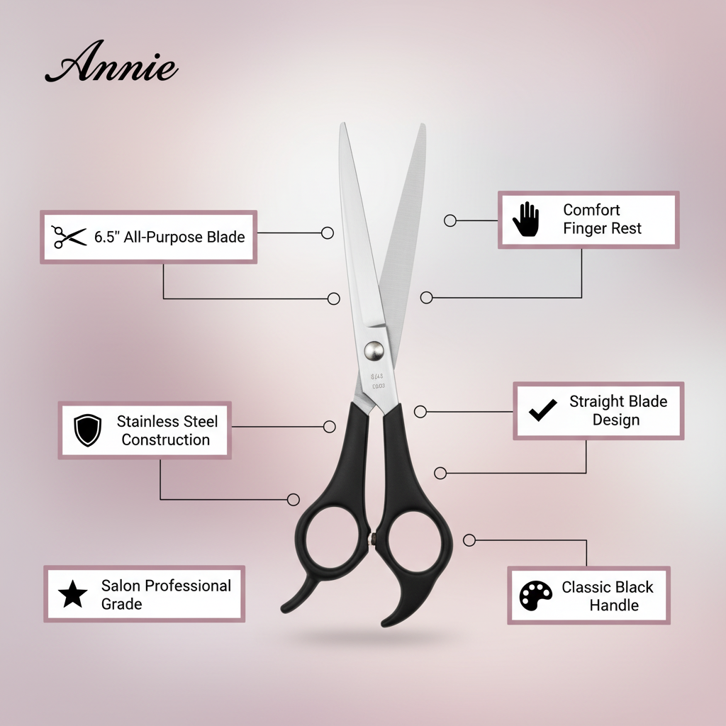 Tijeras de pelo profesionales de acero inoxidable Annie de 6,5 pulgadas, color negro