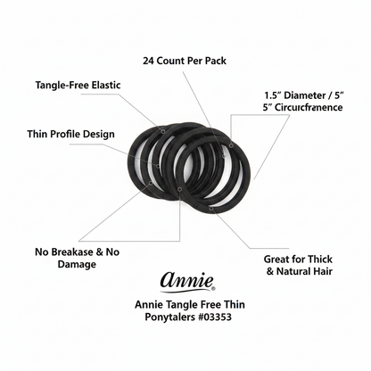 Annie Tangle Free Thin Ponytailers 5 Inch, 24 Count, Black