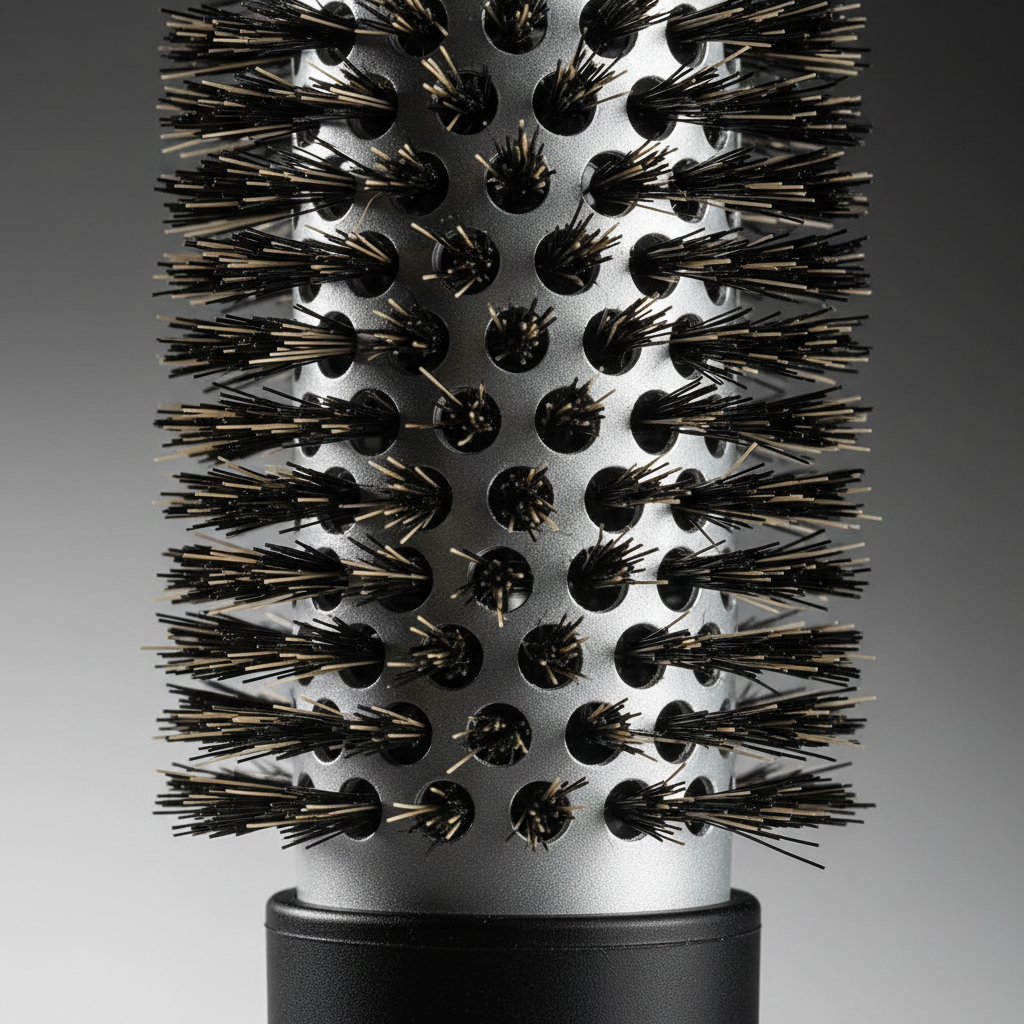 Close-up of a black thermal round curling brush barrel with densely packed boar and nylon bristles, designed for styling and smoothing textured hair with heat.