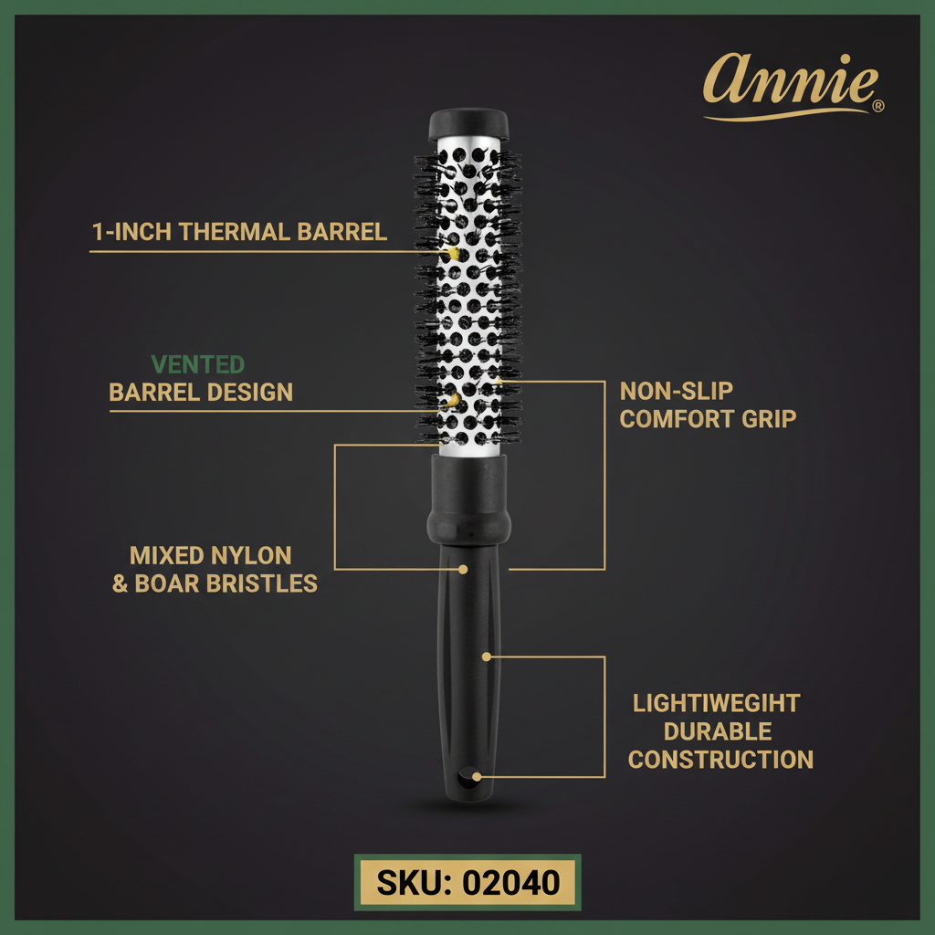 Professional black round curling brush featuring a 1-inch vented thermal barrel, mixed nylon and boar bristles, non-slip grip, and lightweight durable design for textured hair styling.