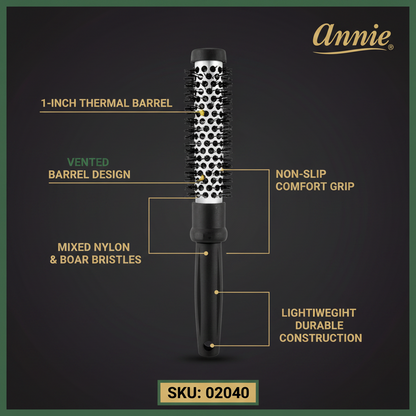 Professional black round curling brush featuring a 1-inch vented thermal barrel, mixed nylon and boar bristles, non-slip grip, and lightweight durable design for textured hair styling.