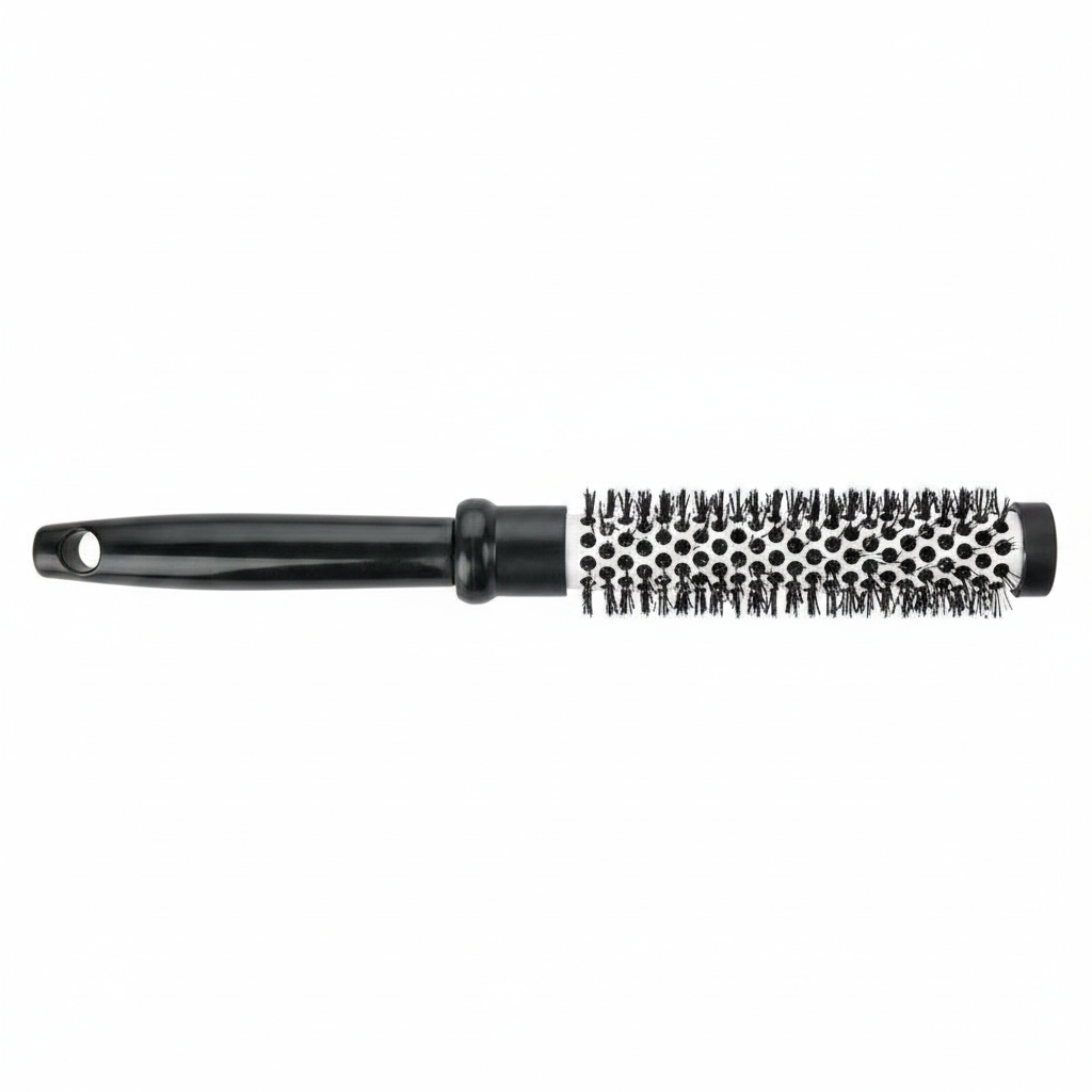 Black thermal round curling brush with vented ceramic barrel and black handle, designed for styling and adding volume to textured, multicultural hair.