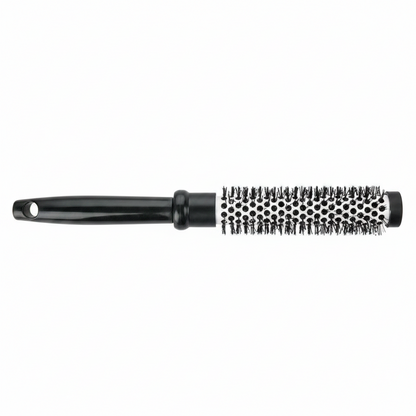Black thermal round curling brush with vented ceramic barrel and black handle, designed for styling and adding volume to textured, multicultural hair.