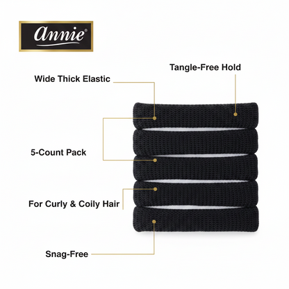Annie Thick Hair Ponytailers, 5 Count, Black featuring wide elastic bands designed for tangle-free, snag-free hold on curly and coily hair, ideal for secure styling.