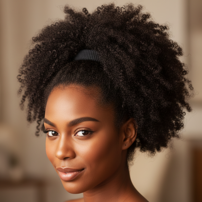 Woman with natural curly hair styled in a voluminous ponytail secured by Annie Thick Hair Ponytailers, 5 Count, Black, showcasing a strong, comfortable hold for textured hair.