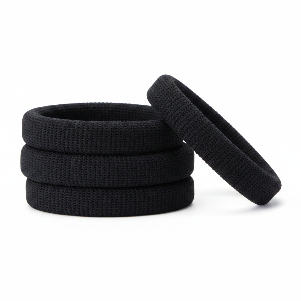 Annie Thick Hair Ponytailers, 5 Count, Black displayed in a clean studio setting, showing thick, textured bands designed for secure, comfortable hold on thick or natural hair.