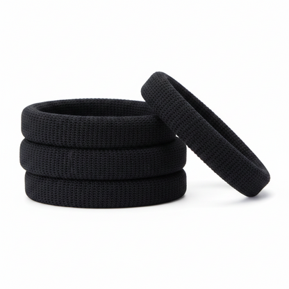 Annie Thick Hair Ponytailers, 5 Count, Black displayed in a clean studio setting, showing thick, textured bands designed for secure, comfortable hold on thick or natural hair.