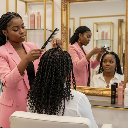 A stylist in a pink blazer carefully sections curly hair with the Annie Pin Tail Twist Comb, 1 Count, Black while the client sits in a salon chair facing a large ornate mirror.