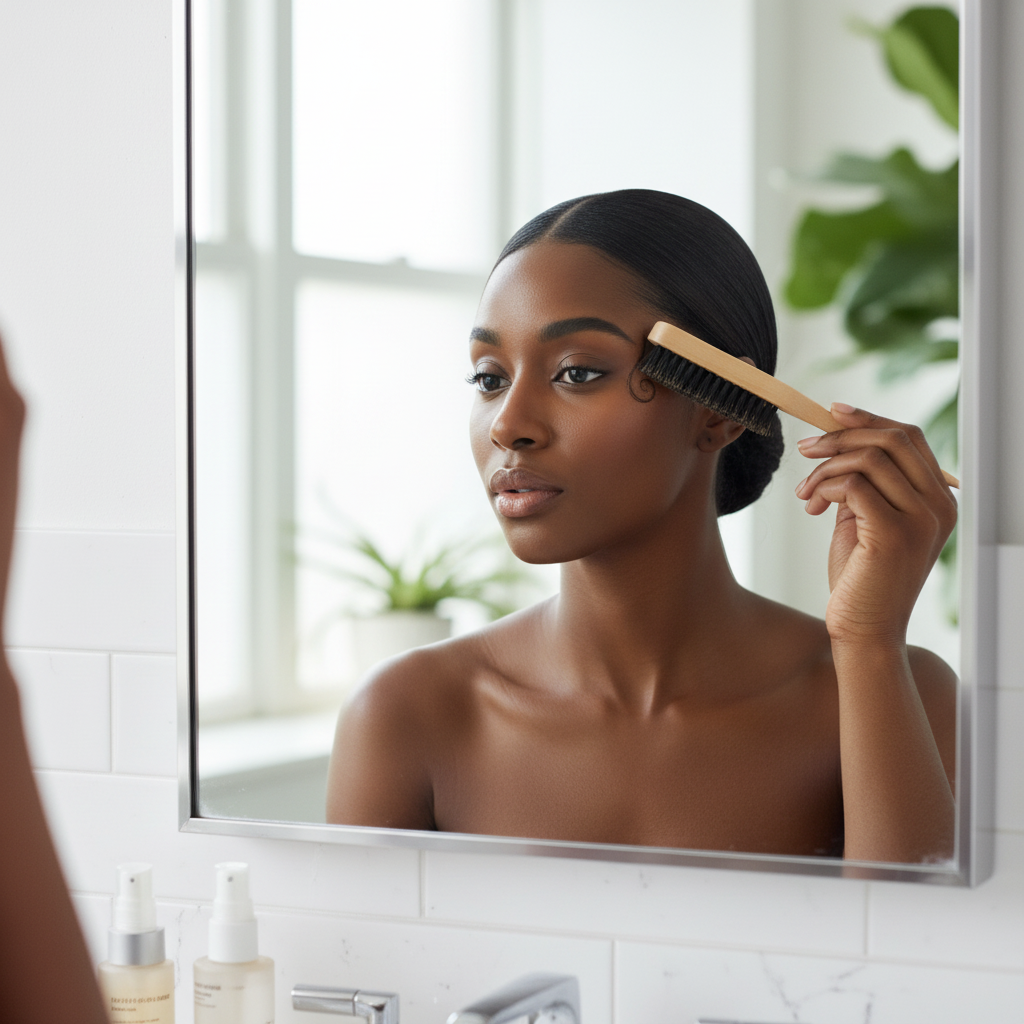 Woman with smooth styled hair using a light brown boar bristle edge and updo brush in front of a bathroom mirror, highlighting gentle care for textured hair.
