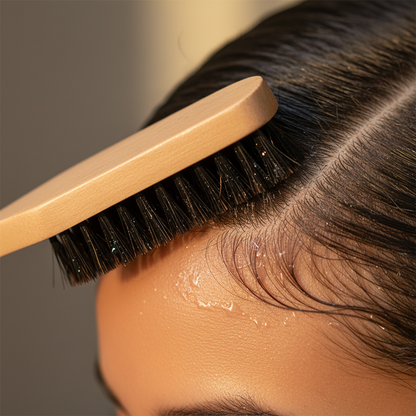 Light brown boar bristle edge brush smoothing and shaping wet textured hair at the hairline, designed for precise styling and control of natural hair edges.