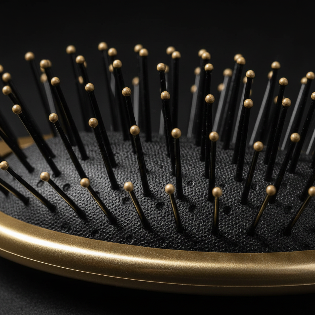 Close-up of a wet and dry oval cushion brush featuring flexible black bristles with gold rounded tips and a smooth gold frame, designed for gentle detangling of textured hair.