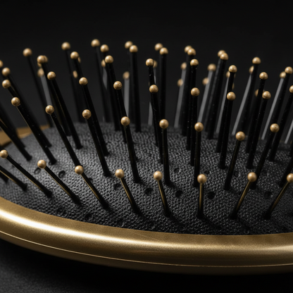 Close-up of a wet and dry oval cushion brush featuring flexible black bristles with gold rounded tips and a smooth gold frame, designed for gentle detangling of textured hair.