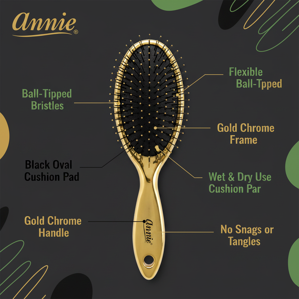 Gold chrome oval hairbrush with flexible ball-tipped bristles, black cushion pad for wet and dry use, designed to prevent snags and tangles on textured hair.