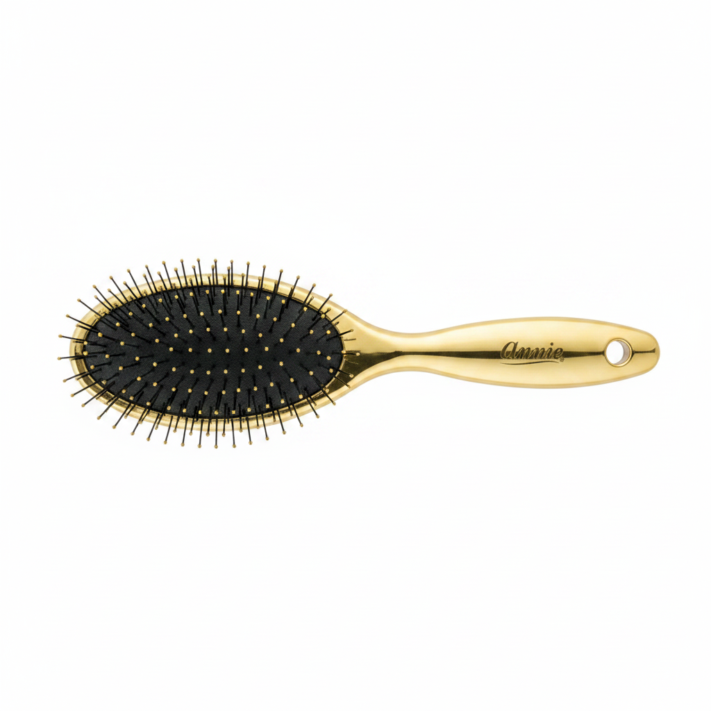Gold-colored oval hairbrush with flexible bristles and cushioned black base, featuring an ergonomic handle engraved with the brand name for gentle detangling of textured hair.