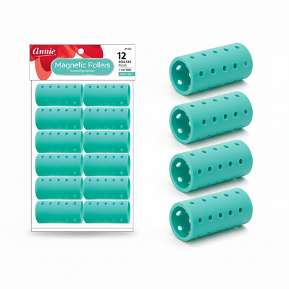 Set of twelve aqua-colored magnetic hair rollers measuring 1 1/4 inches, designed for gentle, snag-free styling and curl formation on textured and natural hair types.